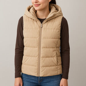 UNIQLO Beige Suede Down Puffer Vest Removable Hood Women’s Medium Gorpcore